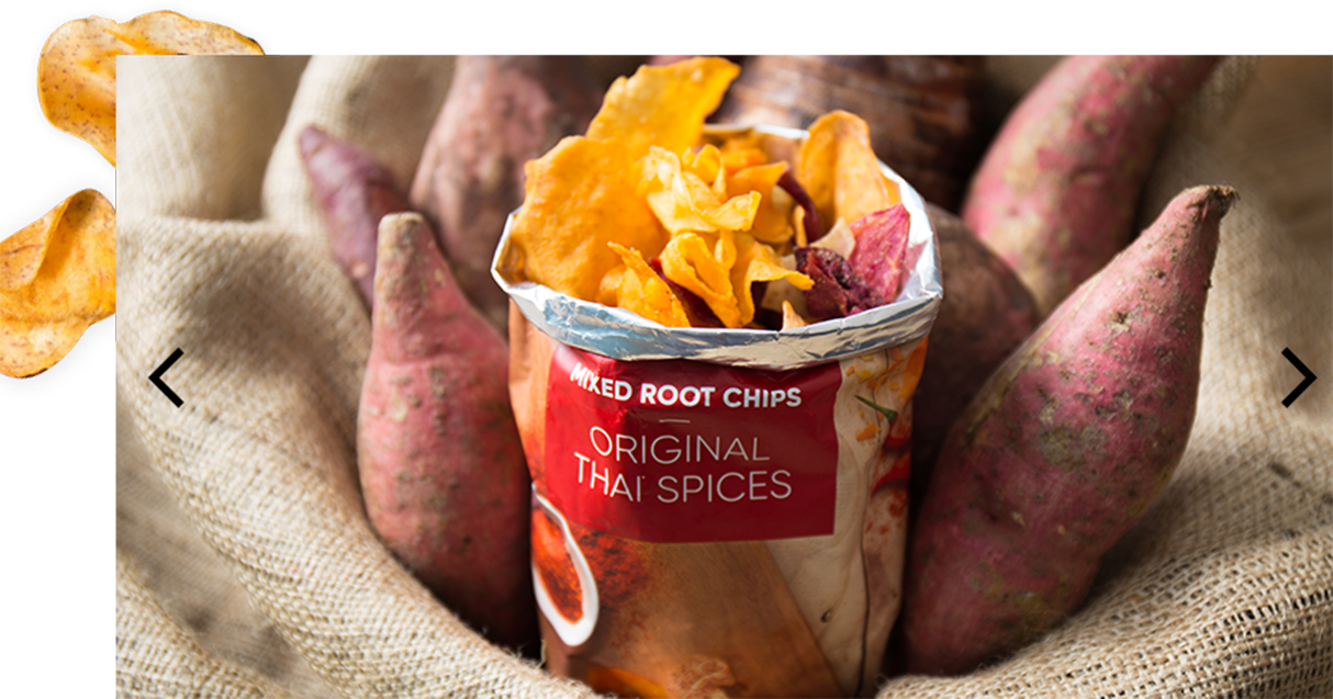 Thai-style mixed root chips package with sweet potatoes